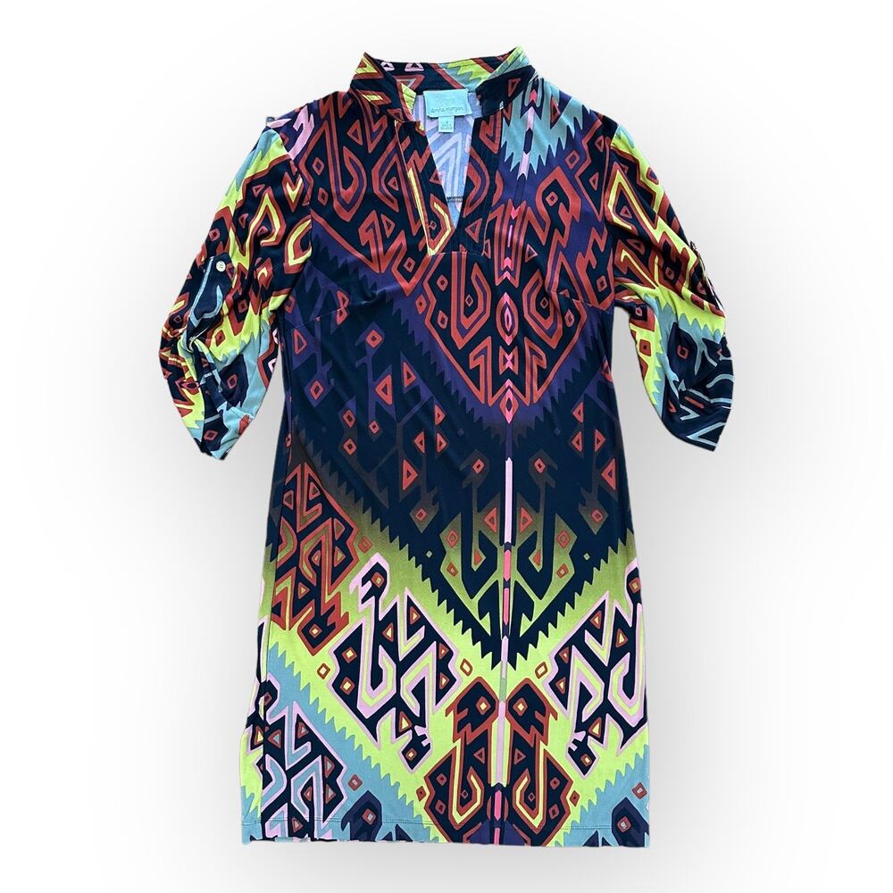 DM Donna Morgan Vintage Multicolor‎ Aztec Print 3/4 Sleeve Dress Size 4
